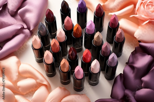 Beauty bloggers flat lay highlighting a selection of matte lipsticks next to glossy nail polishes in coordinating colors photo