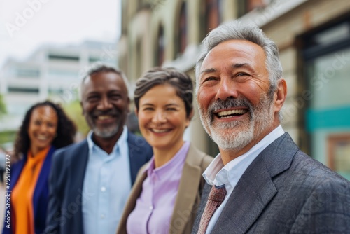 Portrait of happy senior businessman with his team standing in the street