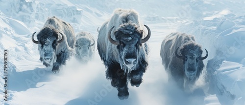 Aerial view of musk oxen in a snowcovered landscape, their figures a testament to endurance in the wild photo