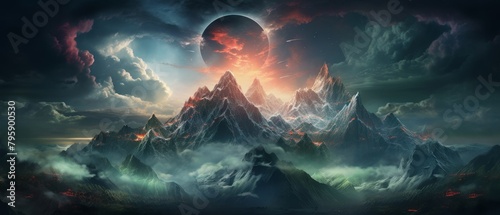Ad depicting a real mountain range alongside a mythical mountain guarded by dragons, showcasing the wonder of untouched landscapes