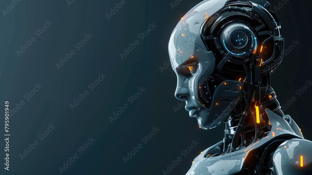 Side profile of humanoid robot with detailed head mechanics against dark background Side profile of humanoid robot with detailed head mechanics against dark background