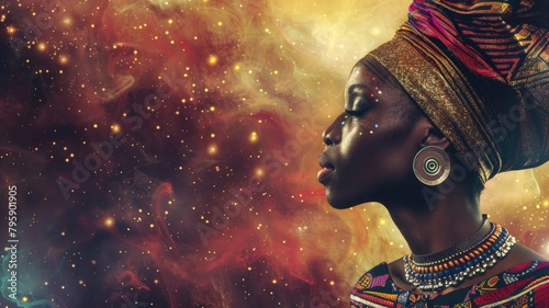 Profile of African woman with cosmic background