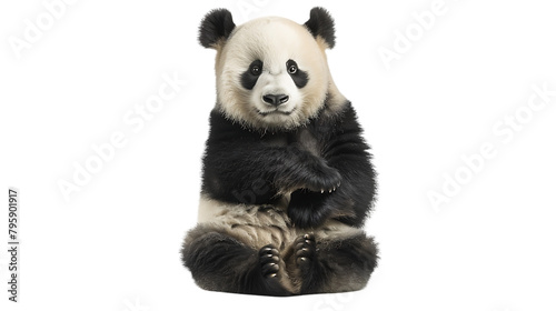  Giant Panda sitting down with its paws together  white background