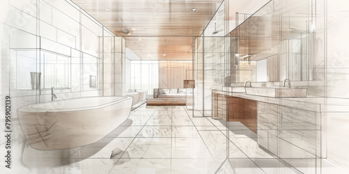 An interior design drawing of the bathroom area in white, grey tiles with light wood accents, large windows, modern style.
