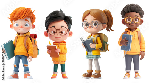 School children holding notebooks and books posing over isolated transparent background. 3D cartoon characters from different ethnicities © LorenaPh