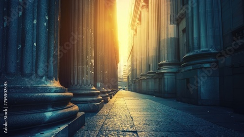 Sunlight beams between tall urban buildings at dawn or dusk, creating contrast of light and shadows on city street photo