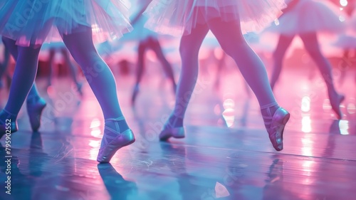 Ballet dancers on pointe in blue light