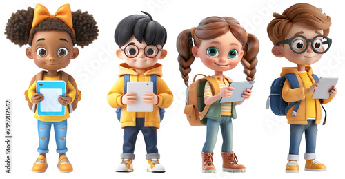 Cartoon characters 3D of school children of different ethnicities using digital tablet. Isolated transparent background