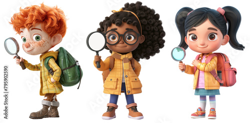 Three cartoon characters of different ethnicities school children using magnifying glasses for investigation. Isolated over white transparent background © LorenaPh