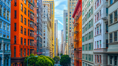 Colorful urban buildings line a city street, with a view of skyscrapers in the distance and trees at street level. © Hanna Tor