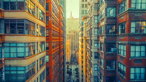 Urban high-rise buildings with a narrow view of the city street below, lit by golden sunset light.