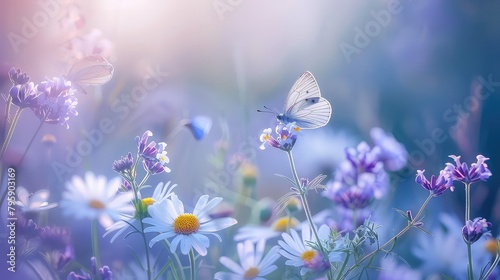 Beautiful chamomile wildflowers, purple wild peas, butterflies in the morning fog in nature close-up macro. Landscape wide format, copy space, cool blue tones. AI generated