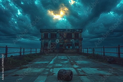 An abandoned building sits atop a pier against the backdrop of a cloudy sky.