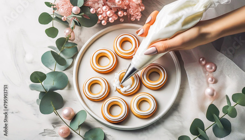 Decorating cookies with delicate frosting patterns amid a romantic setup of roses and eucalyptus... photo