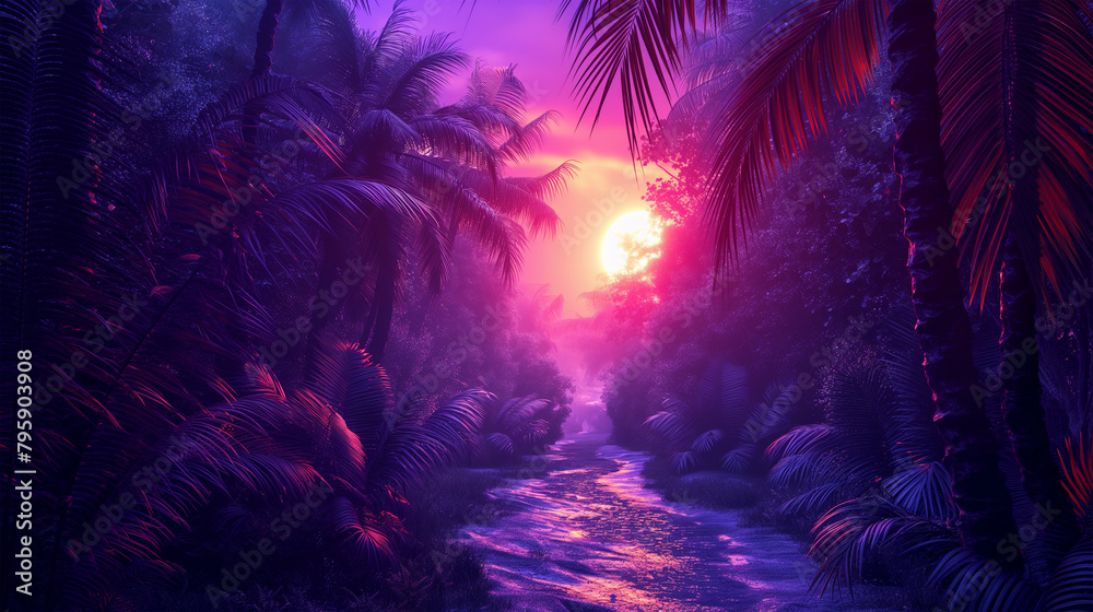 Sunset on the beach with neon color style look, Illustration.	