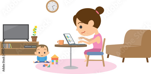 在宅ワークをしているママのイメージイラスト