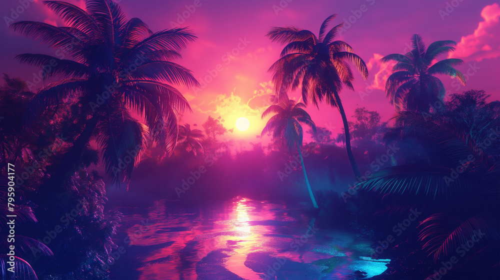 Sunset on the beach with neon color style look, Illustration.	