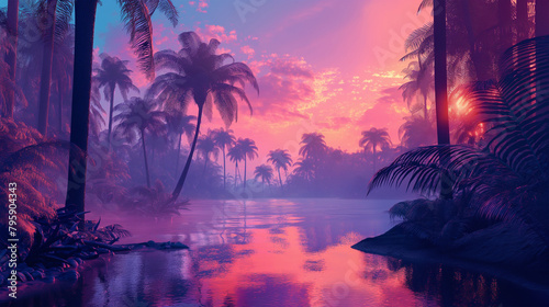 Sunset on the beach with neon color style look  Illustration. 