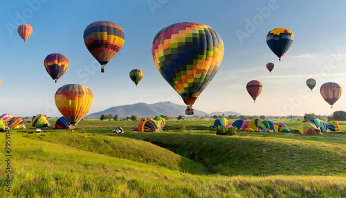                                                                                                          Multiple colorful hot air balloons spread out over the grassland. The sky and hot air balloons. A hot air balloon with a spectacular view.