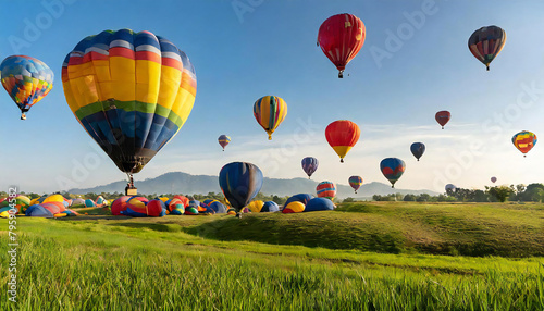 草原に広がる複数のカラフルな熱気球。大空と熱気球。絶景に映える熱気球。Multiple colorful hot air balloons spread out over the grassland. The sky and hot air balloons. A hot air balloon with a spectacular view.
