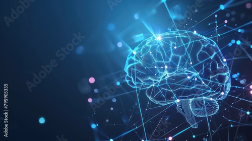 Concept of AI and digital human brain neural network surrounded by glowing lines on dark background