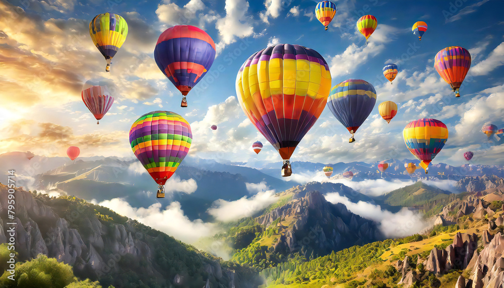 Fototapeta premium Multiple colorful hot air balloons spread out over the grassland. The sky and hot air balloons. A hot air balloon with a spectacular view.