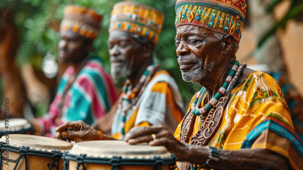 Fototapeta premium Elderly men playing traditional drums outdoors, focused and wearing colorful attire
