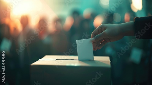 Person casting ballot into box with others in background at dusk