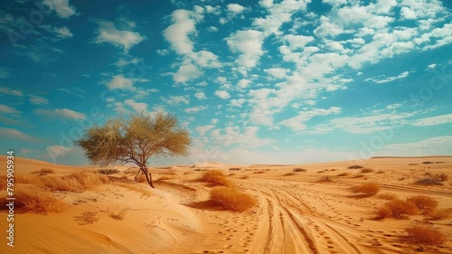 Lone tree in vast desert under blue sky photo