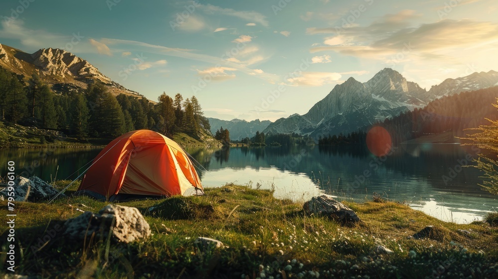 Orange tent by serene lake at sunrise in mountainous landscape