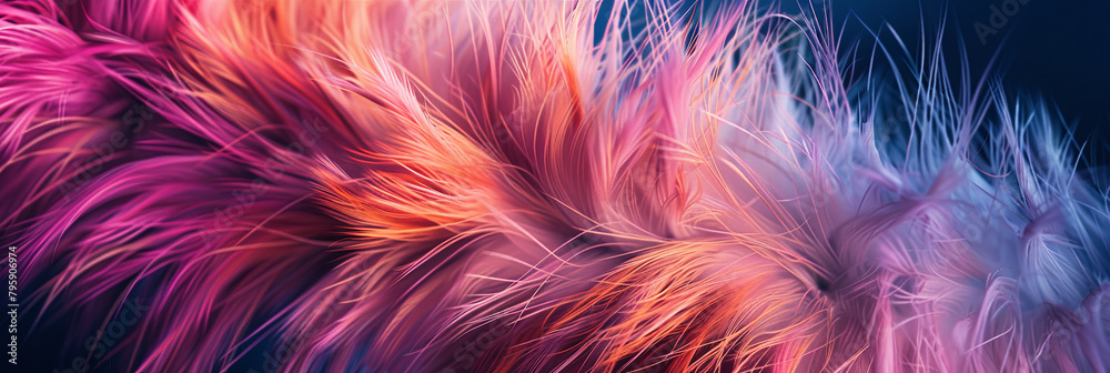 colorful fluffy fur pattern in pink and orange shades against a dark blue background, generative AI