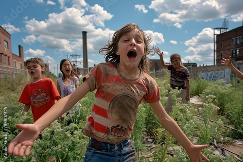 Children in the courtyard of an abandoned factory. Emotional girl screams in pain.