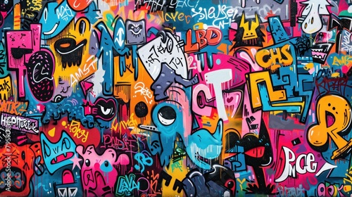Background pattern filled with urban graffiti art, colorful tags, and street murals reflecting contemporary art movements and the urban street vibe, embodying the spirit and creativity of street art.