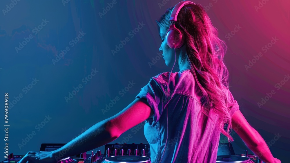 Silhouetted female DJ at mixing console with neon lights Silhouetted female DJ at mixing console with neon lights