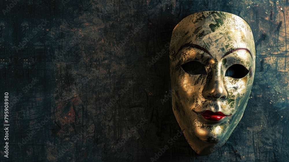 Weathered white masquerade mask against grunge textured backdrop