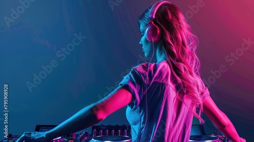 Silhouetted female DJ at mixing console with neon lights