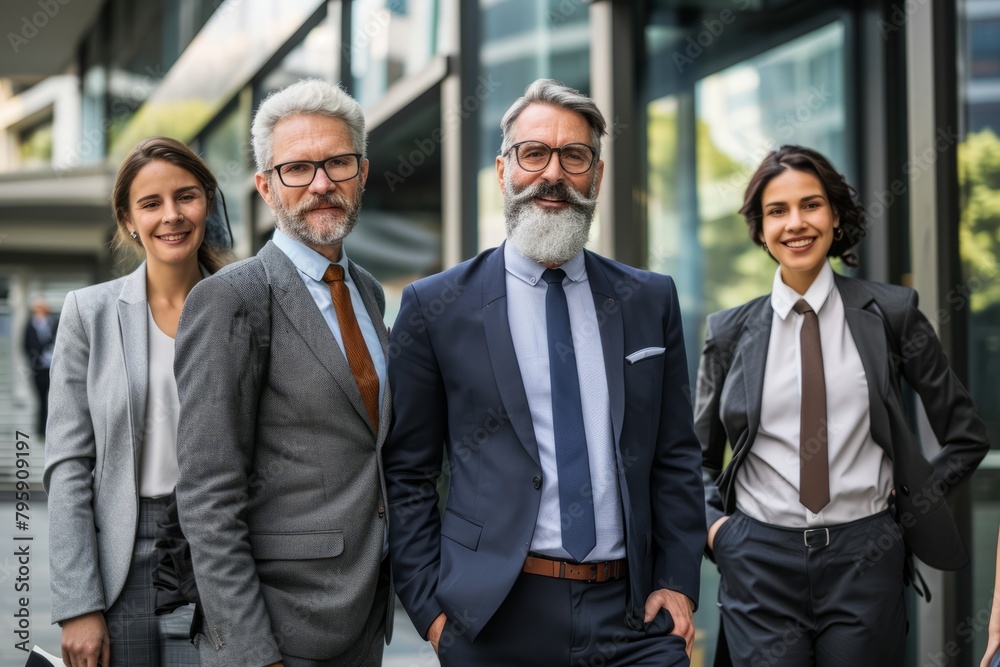 Portrait of a group of business people standing in front of office building