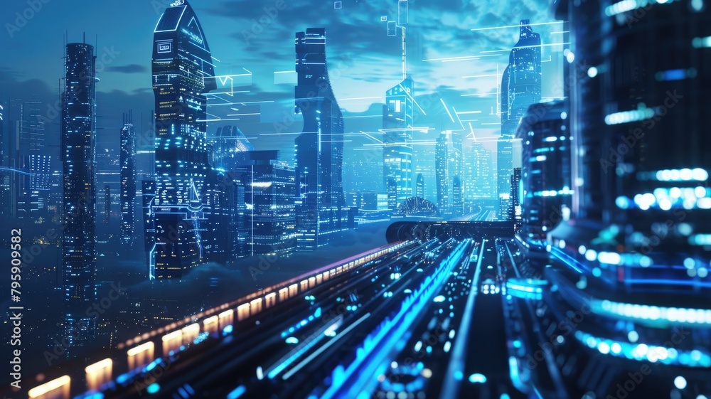 Futuristic cityscape with digital overlays and neon lights