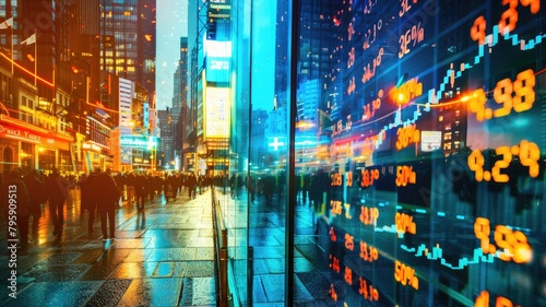 City street at night overlaid with stock market numbers, indicating economic activity