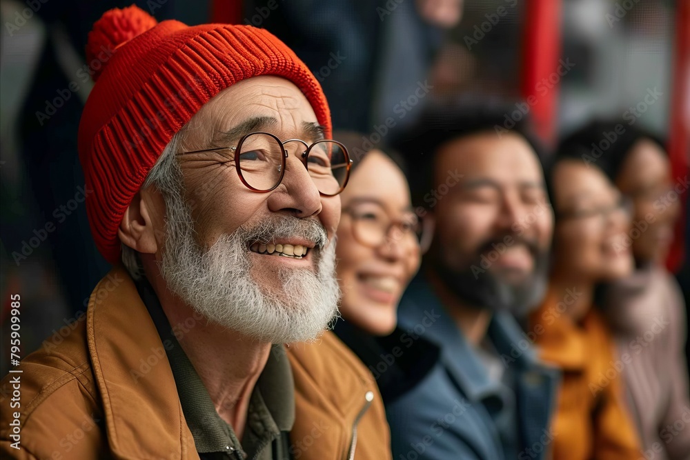 Portrait of a senior man in a red hat and glasses with his friends in the background Portrait of a senior man in a red hat and glasses with his friends in the background