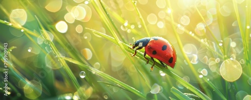 A cheerful ladybug clambers up a dewy blade of grass  its red shell dotted with tiny black spots  kawaii  bright water color