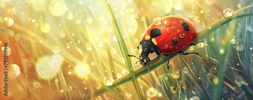 A cheerful ladybug clambers up a dewy blade of grass, its red shell dotted with tiny black spots, kawaii, bright water color