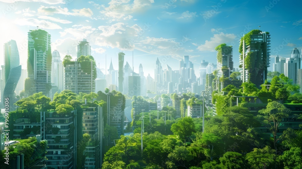 A futuristic cityscape filled with green spaces and renewable energy sources, illustrating how Agile practices can lead to innovative solutions for building sustainable communities