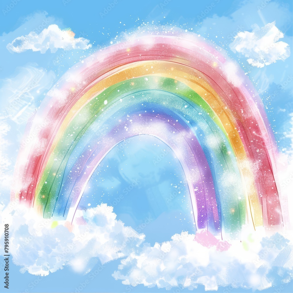 Fototapeta premium A rainbow arcs gracefully in the sky, a masterpiece of watercolor splashes, kawaii