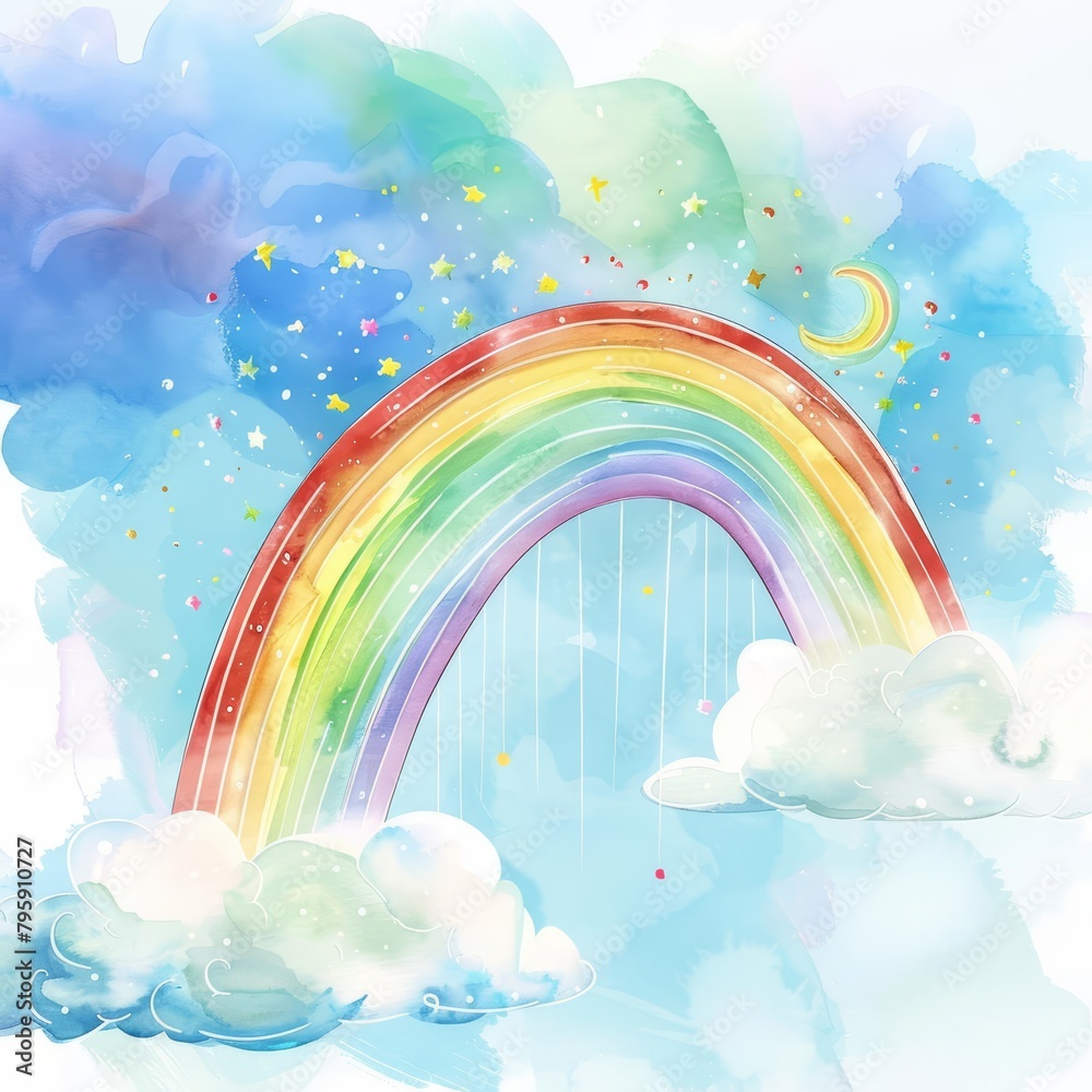 Fototapeta premium A rainbow arcs gracefully in the sky, a masterpiece of watercolor splashes, kawaii