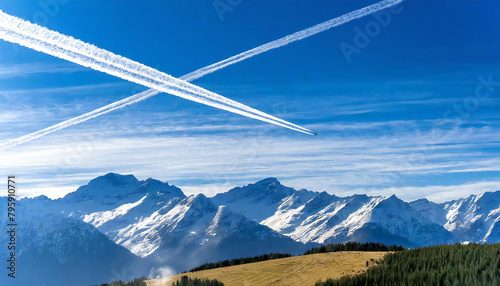 Airplanes and contrails. Blue sky background. A single contrail. photo