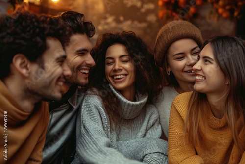 Group of happy young friends in warm sweaters and hats sitting at the table and laughing.
