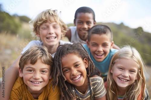 Group Of Children On Walk Through Countryside Togetherness Smiling To Camera