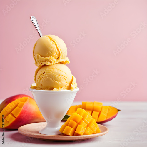 Mango sundae,, Yellow ice cream in a bowl, frash sorbet closeup, frozen summer dessert on pink background for menu, invitation, wallpaper photo