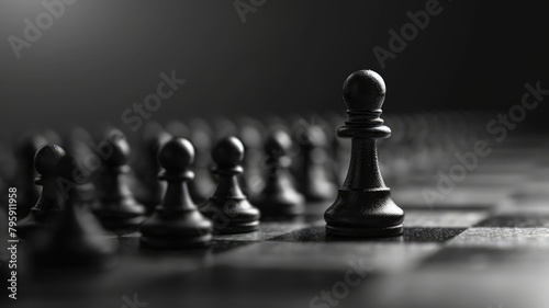 Black pawn chess pieces lined up with one in focus